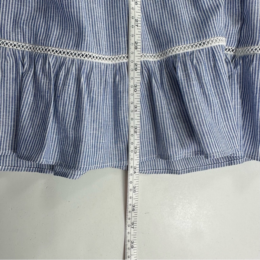 ZARA BLUE WHITE STRIPED LINEN BLEND RUFFLE BELTED DRESS WITH LACE TRIMS SIZE XS - Picture 6 of 8